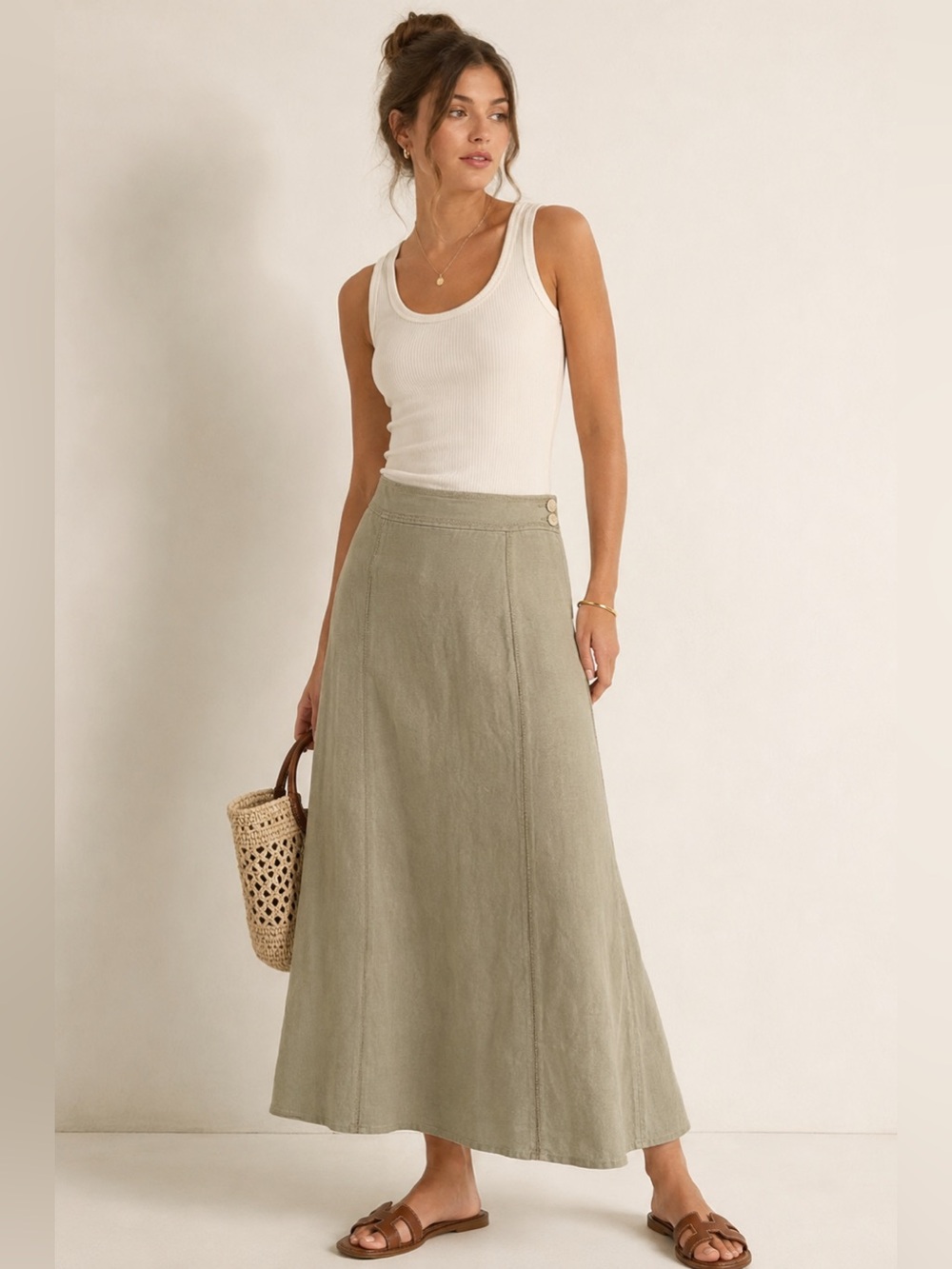 Per Una M&S Pure Linen A-Line Maxi Skirt Olive Khaki 12L Y2K